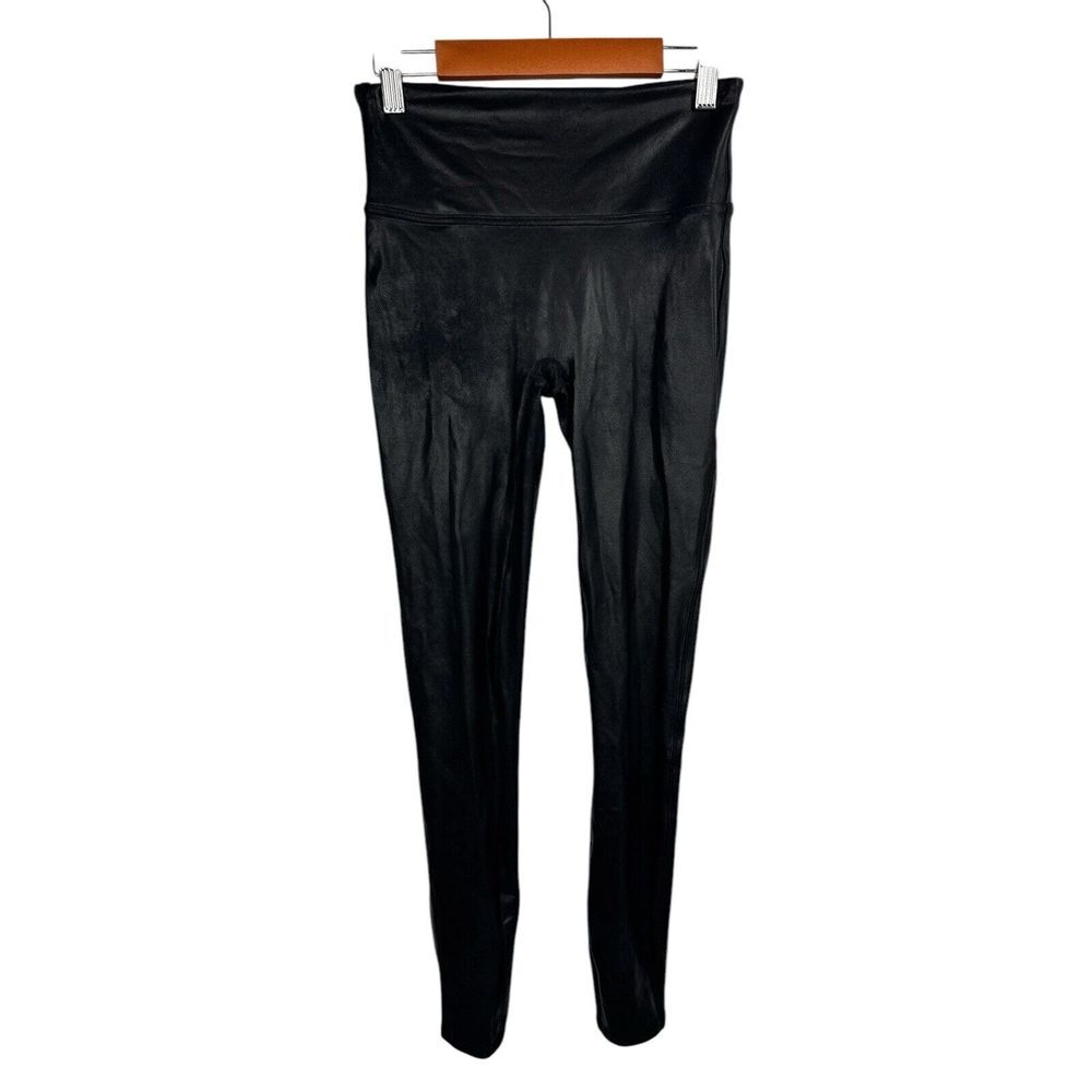 Spanx Faux Leather Shiny Leggings Women's Size S/p Black Slimming Pull On FLAW